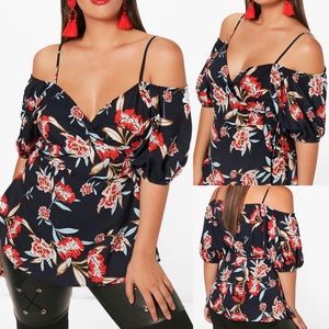 Boohoo Plus Floral Cold Shoulder Wrap Top 16